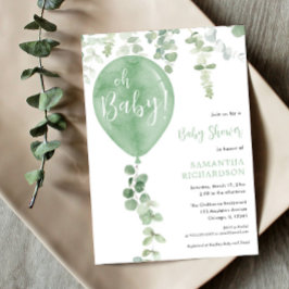 Genusneutral grönt ballong greenery Oh Baby Inbjudningar