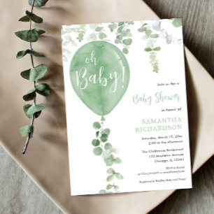 Genusneutral grönt ballong greenery Oh Baby Inbjudningar