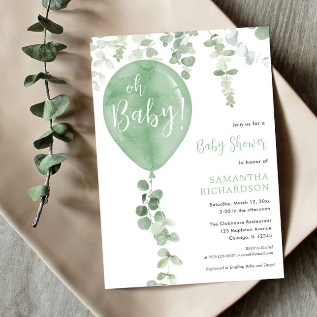 Genusneutral grönt ballong greenery Oh Baby Inbjudningar (Skapare uppladdad)