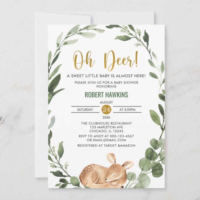 Genusneutral Oh hjort greenery guld babydusch Inbjudningar (Framsida)