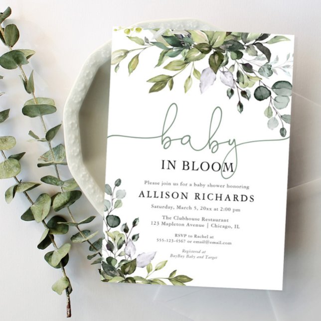 Genusneutralt Baby i Bloom Greenery babydusch Inbjudningar (Skapare uppladdad)