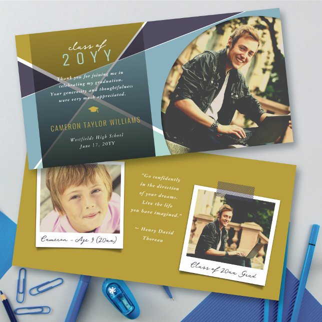 Geo Blue Criss Kor Färg Block Photo Studenten Tack Kort (Geo Blue Criss Cross Color Block Modern Photo Graduation Thank You Card @ zazzle.com/color_therapy)