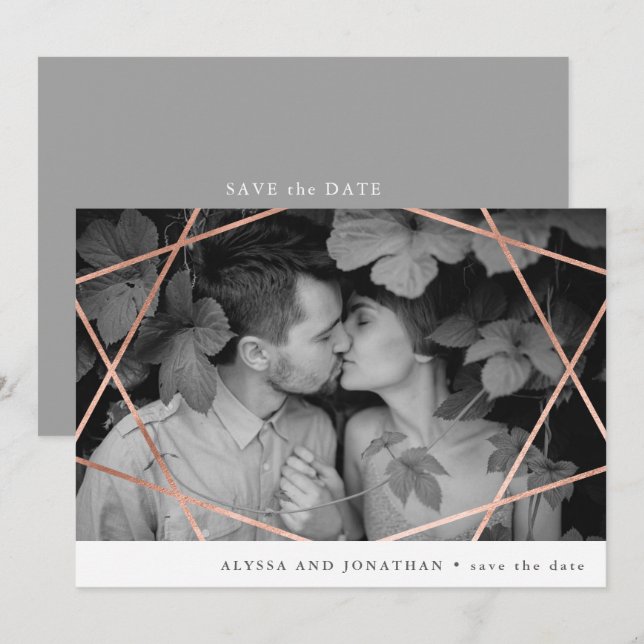 Geo Bröllop | Falsk Koppar med Foto Spara Datum Inbjudningar (Fram/baksida)