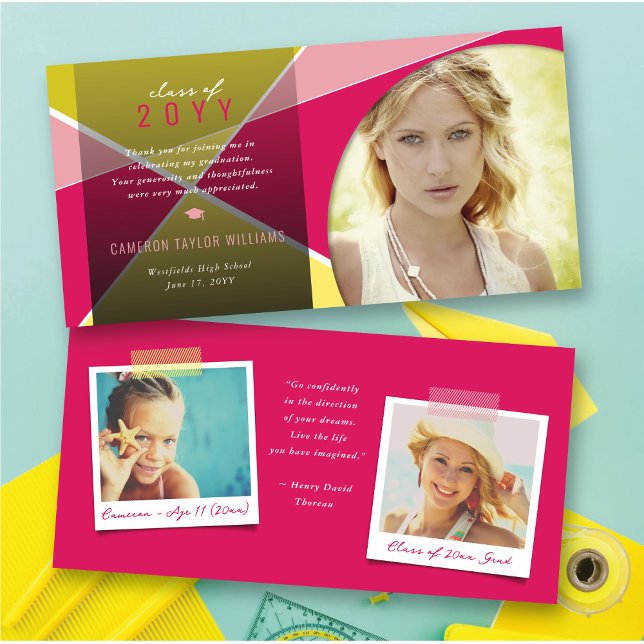 Geo Fuchsia Criss Kor Färg Block Photo Student Tack Kort (Geometric Fuchsia Criss Cross Color Block Photo Graduate Thank You Card @ zazzle.com/color_therapy)