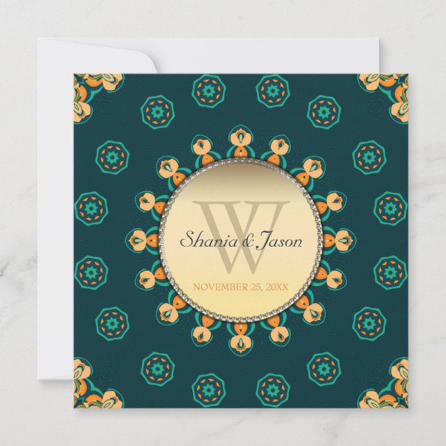 Geo Gems Circle Monogram Teal Guld Bröllop Inbjudningar (Framsida)