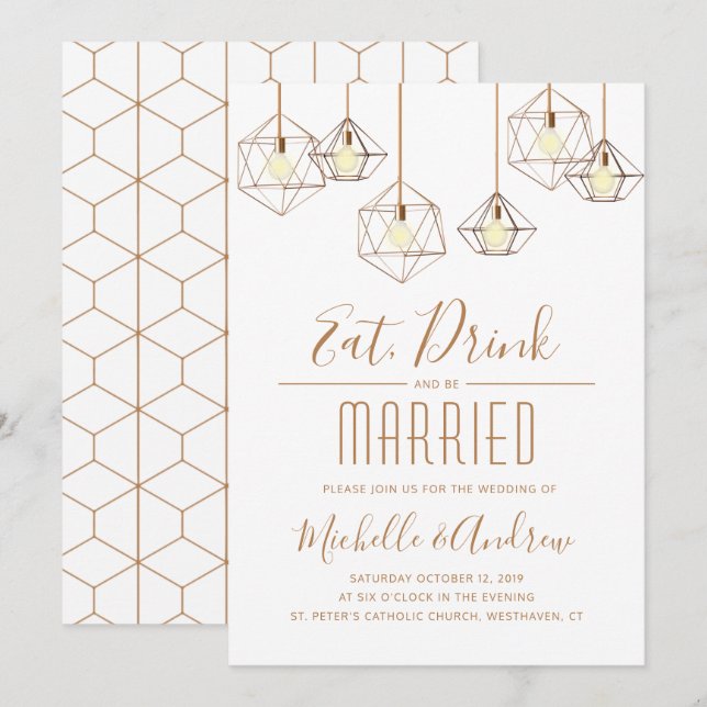 Geo Ljus Eat Drink och Married White Bröllop Inbjudningar (Fram/baksida)