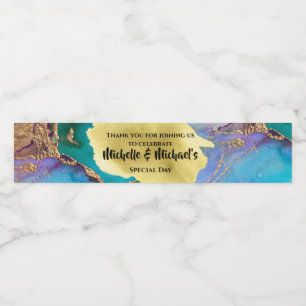 Geode faux guld blue agate water peacock chic vattenflaska etikett