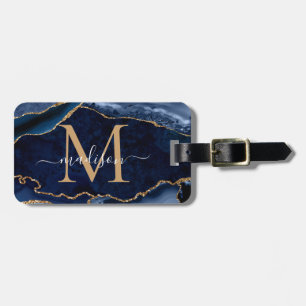Geode Girly Monogram, modern marinblå Guld-agate Bagagebricka