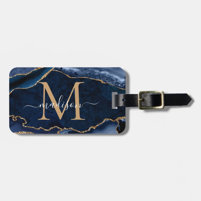 Geode Girly Monogram, modern marinblå Guld-agate Bagagebricka (Horisontell Framsida)