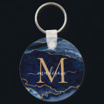 Geode Girly Monogram, modern marinblå Guld-agate Nyckelring<br><div class="desc">Gnistran för den moderna Glam Navy Blue Guld Glitter Agate Geode Gemstone Elegant Feminine Monogram Script Namn Keychain</div>