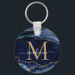 Geode Girly Monogram, modern marinblå Guld-agate Nyckelring<br><div class="desc">Gnistran för den moderna Glam Navy Blue Guld Glitter Agate Geode Gemstone Elegant Feminine Monogram Script Namn Keychain</div>