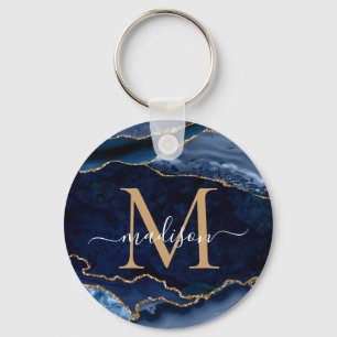 Geode Girly Monogram, modern marinblå Guld-agate Nyckelring