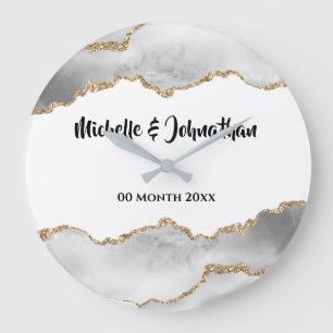 Geode white faux guld agate vattencolor möhippa stor klocka