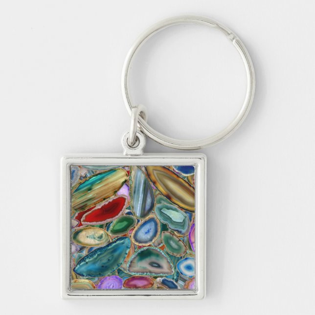 Geodes crystal mönster - Multifärgad Fyrkantig Silverfärgad Nyckelring (Framsidan)