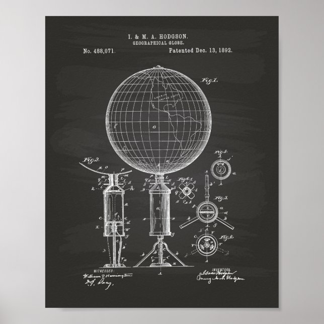Geografiskt Globe 1892 Patent Art Chalkboard Poster (Framsidan)