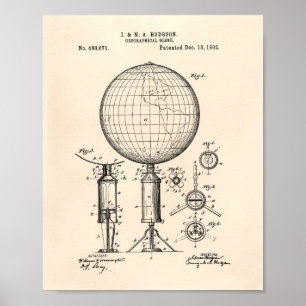 Geografiskt Globe 1892 Patent Art Old Peper Poster