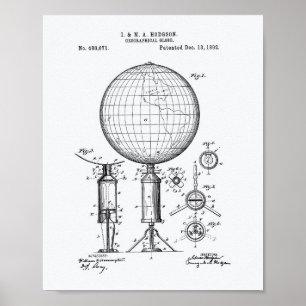 Geografiskt Globe 1892 Patent Art White Papper Poster