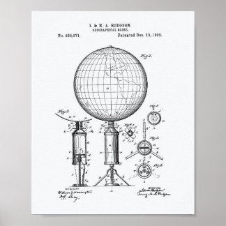 Geografiskt Globe 1892 Patent Art White Papper Poster