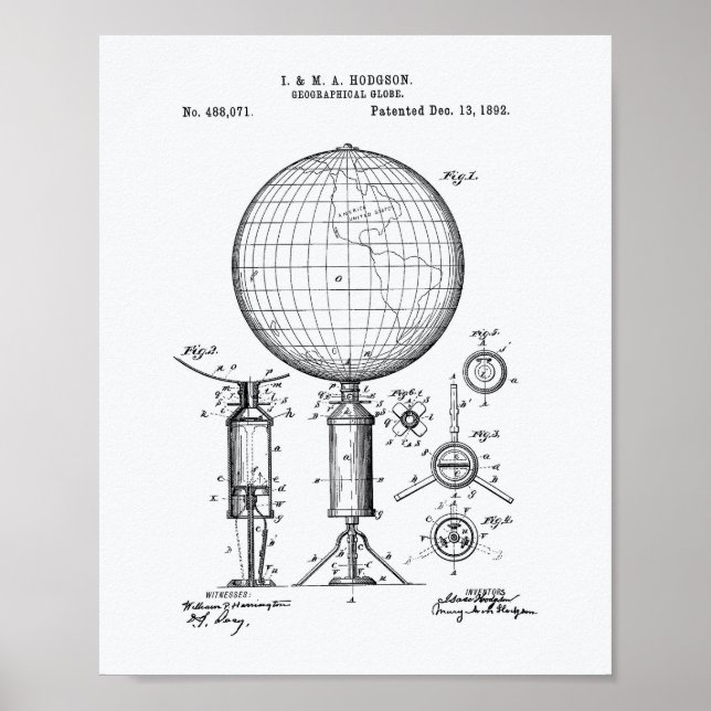 Geografiskt Globe 1892 Patent Art White Papper Poster (Framsidan)
