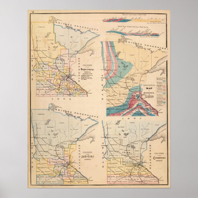 Geological karta i Minnesota av NH Winchell Poster (Framsidan)