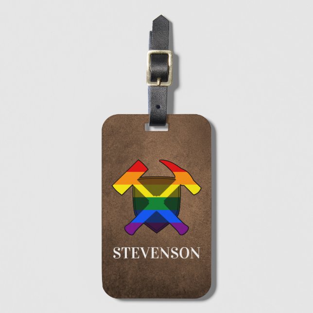 Geologins Sten Hammer och HBT Rainbow Flagga Logot Bagagebricka (Framsida vertikal)