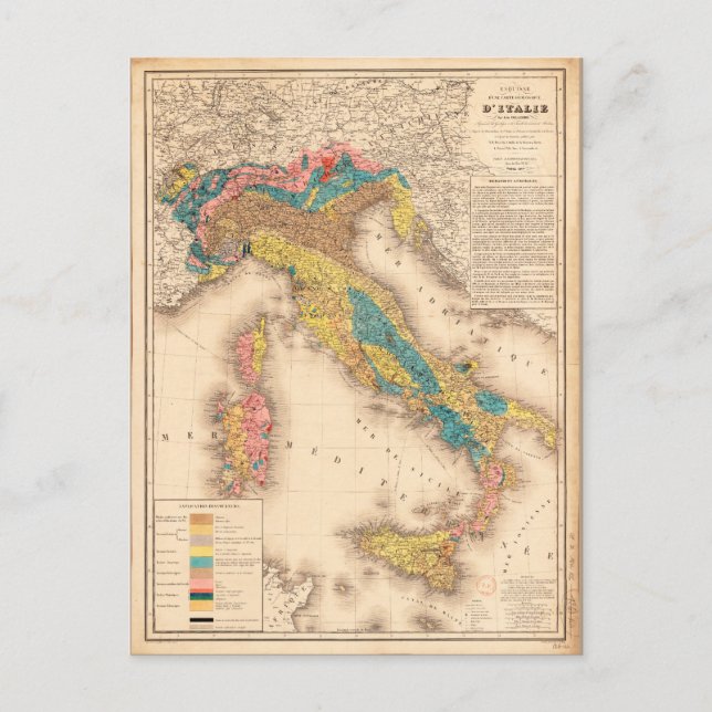 Geologiskt Karta i Italien av H. de Collegno (1844 Vykort (Framsida)