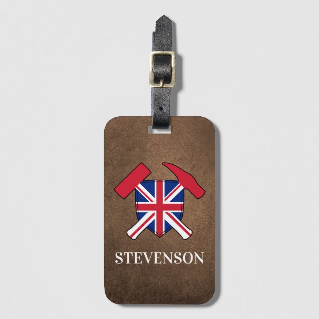 Geologisternas Sten Hammer och Union Jack Logotyp Bagagebricka (Framsida vertikal)