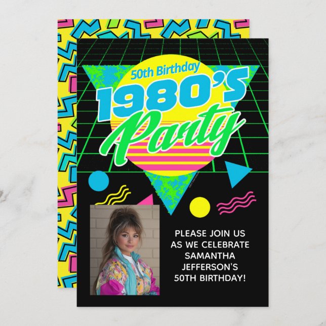 Geometric 1980s 80s 50th Photo Birthday Party Inbjudningar (Fram/baksida)