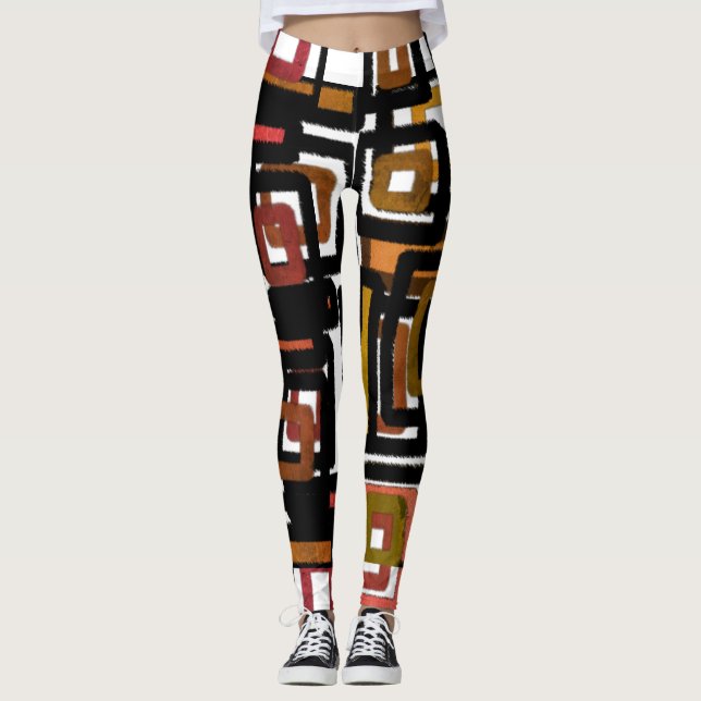 Geometric Abstrakt blockerar Rust Black White Leggings (Framsida)