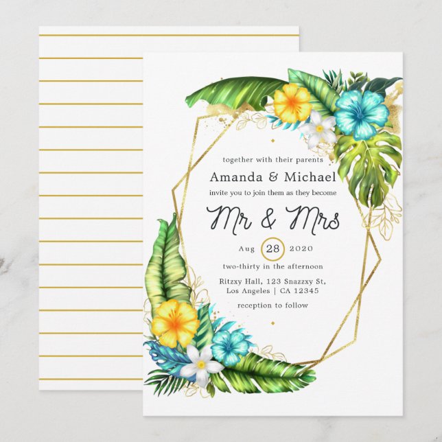 Geometric Aloha Tropical Summer Beach Wedding Inbjudningar (Fram/baksida)