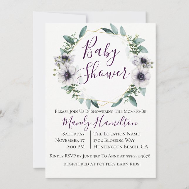 Geometric Anemone Eucalyptus Baby Shower Inbjudningar (Framsida)