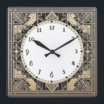Geometric Art Deco Clock Black kräm guld-konturkon Fyrkantig Klocka<br><div class="desc">guld-dekoklocka, art nouveau-klocka vit, 1920-kvadrat, snyggt sofistikerad 1920 stil, vintage antique, gammaldags finare, faux golden line art, enkel minimalistisk fyrkantig klocka, minimal mönster-design i elegant</div>