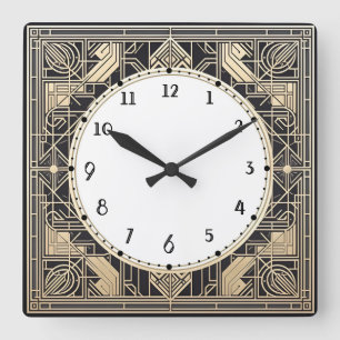 Geometric Art Deco Clock Black kräm guld-konturkon Fyrkantig Klocka