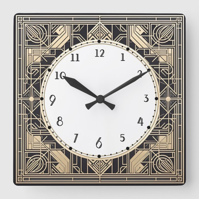 Geometric Art Deco Clock Black kräm guld-konturkon Fyrkantig Klocka (Framsida)