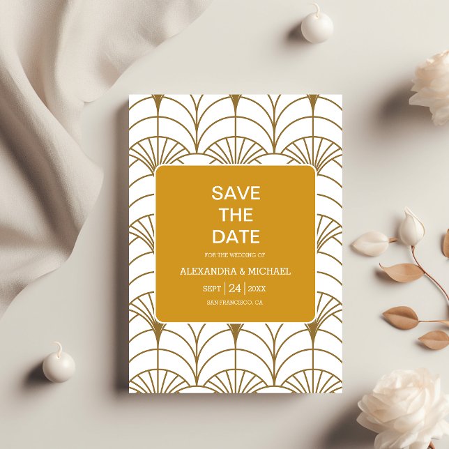 Geometric Art Deco Guld White Gatsby Bröllop Spara Datumet (Skapare uppladdad)