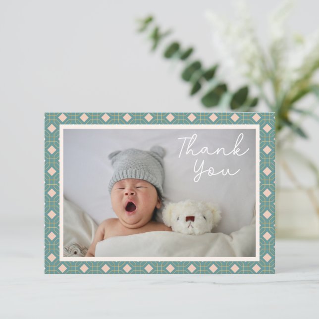 Geometric Art Teal Two Photo Baby Shower-meddeland Tack Kort (Stående Fram)