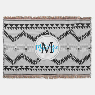 Geometric Aztec Black och Grått Monogram Mönster Mysfilt