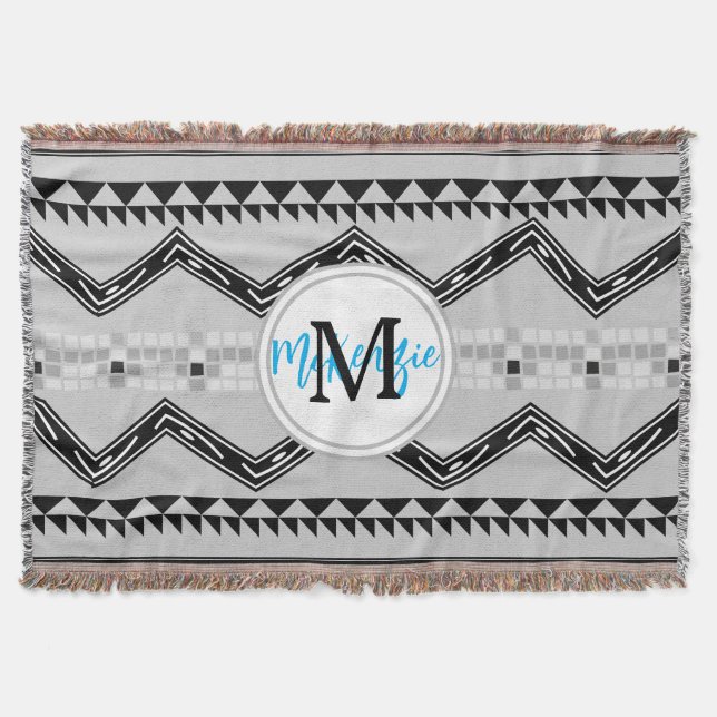Geometric Aztec Black och Grått Monogram Mönster Mysfilt (Framsidan)
