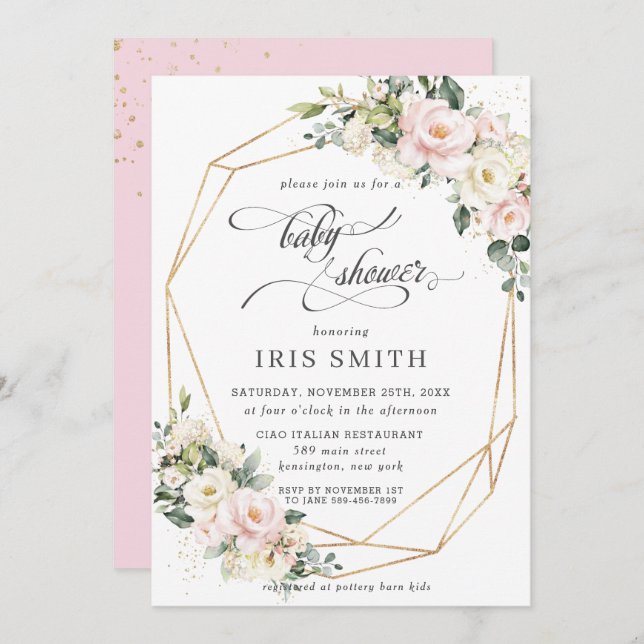 Geometric Baby Shower för  Blommigt för elfenben-R Inbjudningar (Fram/baksida)