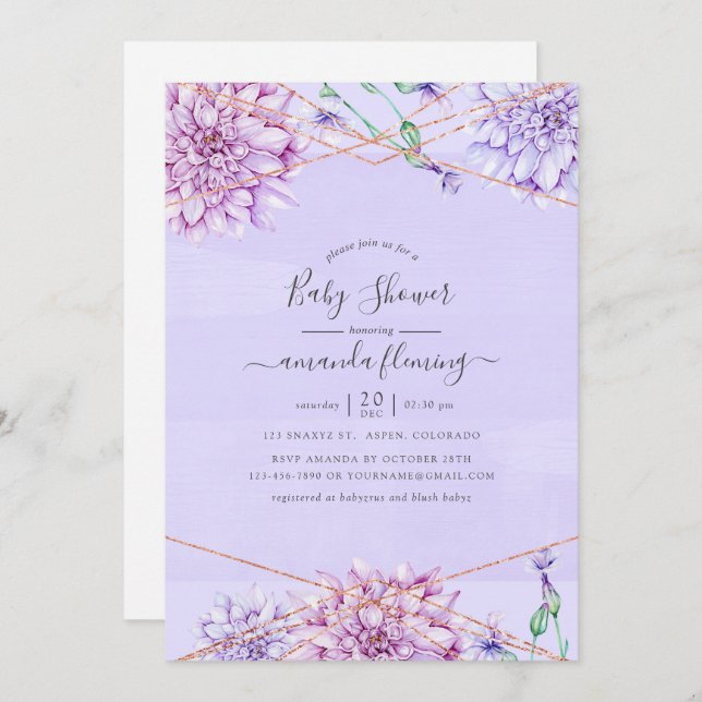 Geometric Baby Shower för lavender och Guld Blommi Inbjudningar (Fram/baksida)