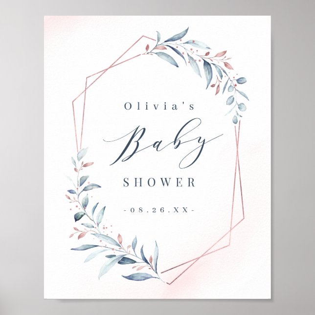 Geometric Baby Shower för Ro Guld Blue Greenery Ge Poster (Framsidan)