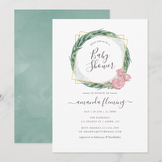 Geometric Baby Shower för vattenfärg Eucalyptus Ro Inbjudningar (Fram/baksida)