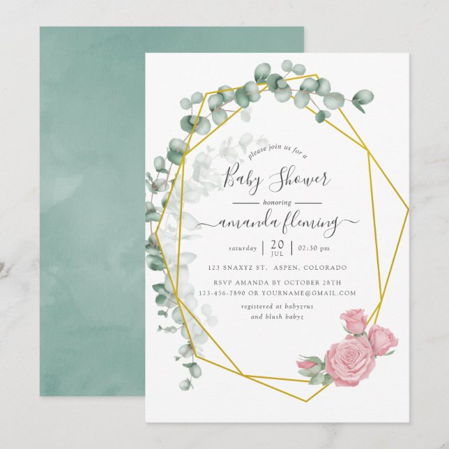 Geometric Baby Shower för vattenfärg Eucalyptus Ro Inbjudningar (Fram/baksida)