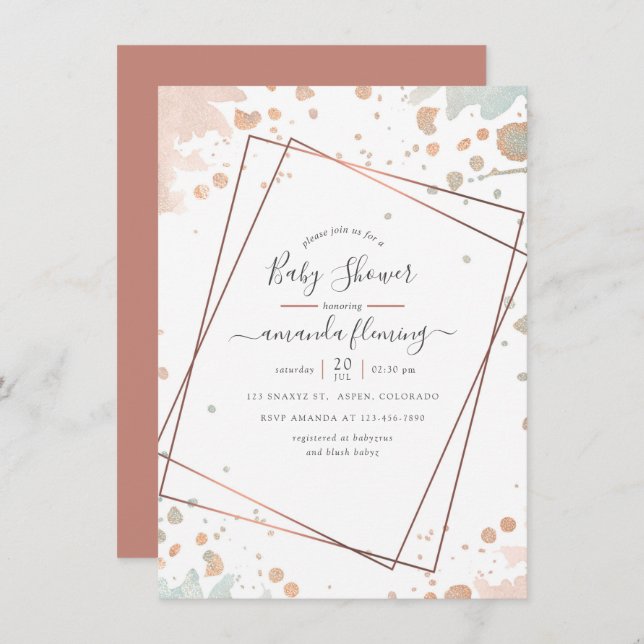 Geometric Baby Shower ro Guld &  Rosa Paint Geomet Inbjudningar (Fram/baksida)