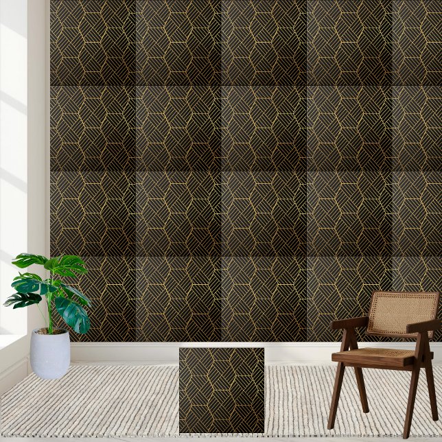 Geometric Black and Guld Tile Kakelplatta (Geometric Black and Gold Tile)