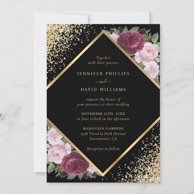 Geometric Black Burgundy Blush Gold Floral Wedding Inbjudningar (Framsida)