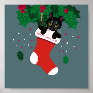 Geometric black cat satt i julstrummet poster