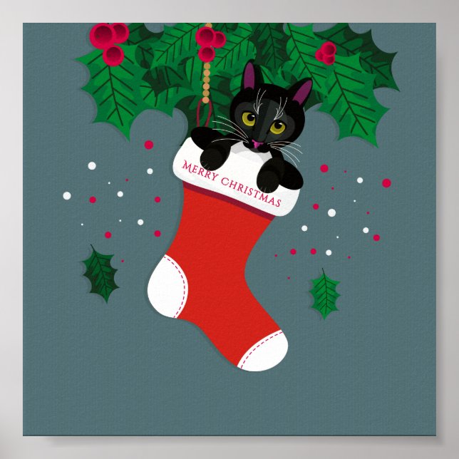 Geometric black cat satt i julstrummet poster (Framsidan)