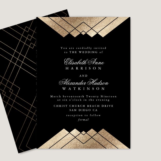 Geometric Black Guld Calligraphy Bröllop Inbjudningar (Skapare uppladdad)