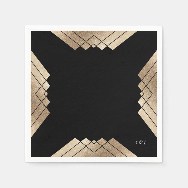 Geometric Black Guld Gatsby Bröllop Bord Napkins Pappersservett (Framsidan)